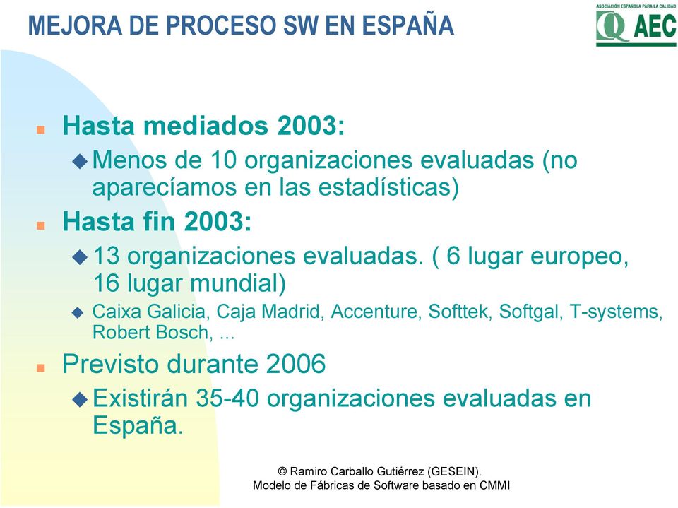 ( 6 lugar europeo, 16 lugar mundial) Caixa Galicia, Caja Madrid, Accenture, Softtek,