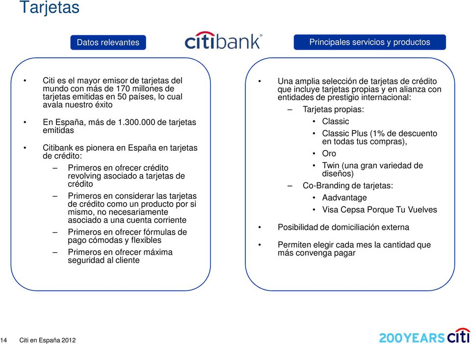 000 de tarjetas emitidas Citibank es pionera en España en tarjetas de crédito: Primeros en ofrecer crédito revolving asociado a tarjetas de crédito Primeros en considerar las tarjetas de crédito como