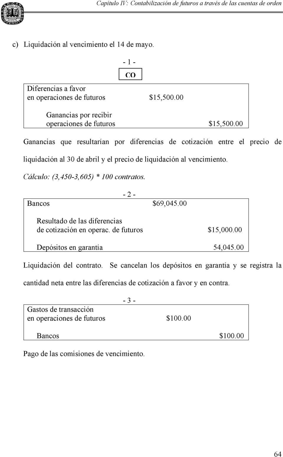 Cálculo: (3,450-3,605) * 100 contratos. - 2 - Bancos $69,045.00 Resultado de las diferencias de cotización en operac. de futuros $15,000.00 Depósitos en garantía 54,045.