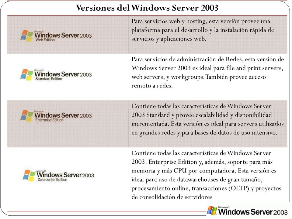 Contiene todas las características de Windows Server 2003 Standard y provee escalabilidad y disponibilidad incrementada.