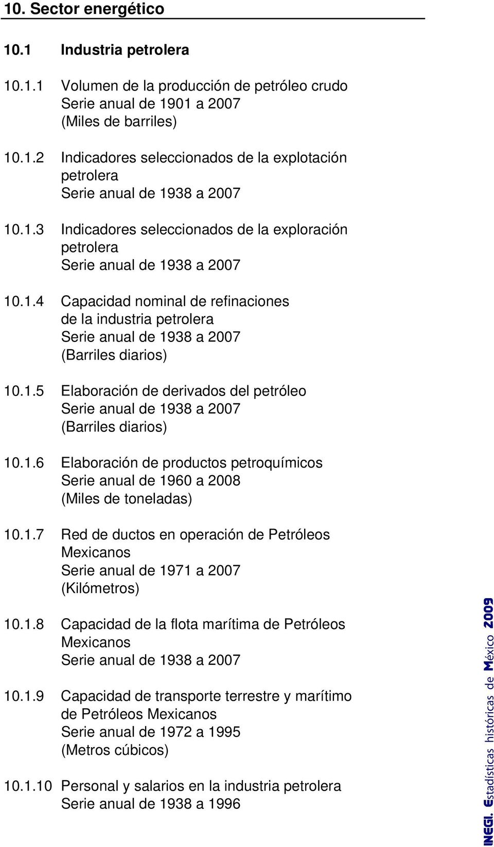 1.5 Elaboración de derivados del petróleo Serie anual de 1938 a 2007 (Barriles diarios) 10.1.6 Elaboración de productos petroquímicos Serie anual de 1960 a 2008 (Miles de toneladas) 10.1.7 Red de ductos en operación de Petróleos Mexicanos Serie anual de 1971 a 2007 (Kilómetros) 10.