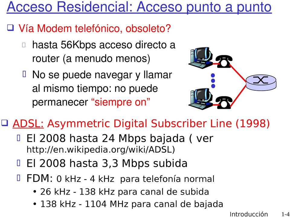 siempre on ADSL: Asymmetric Digital Subscriber Line (1998) El 2008 hasta 24 Mbps bajada ( ver http://en.wikipedia.