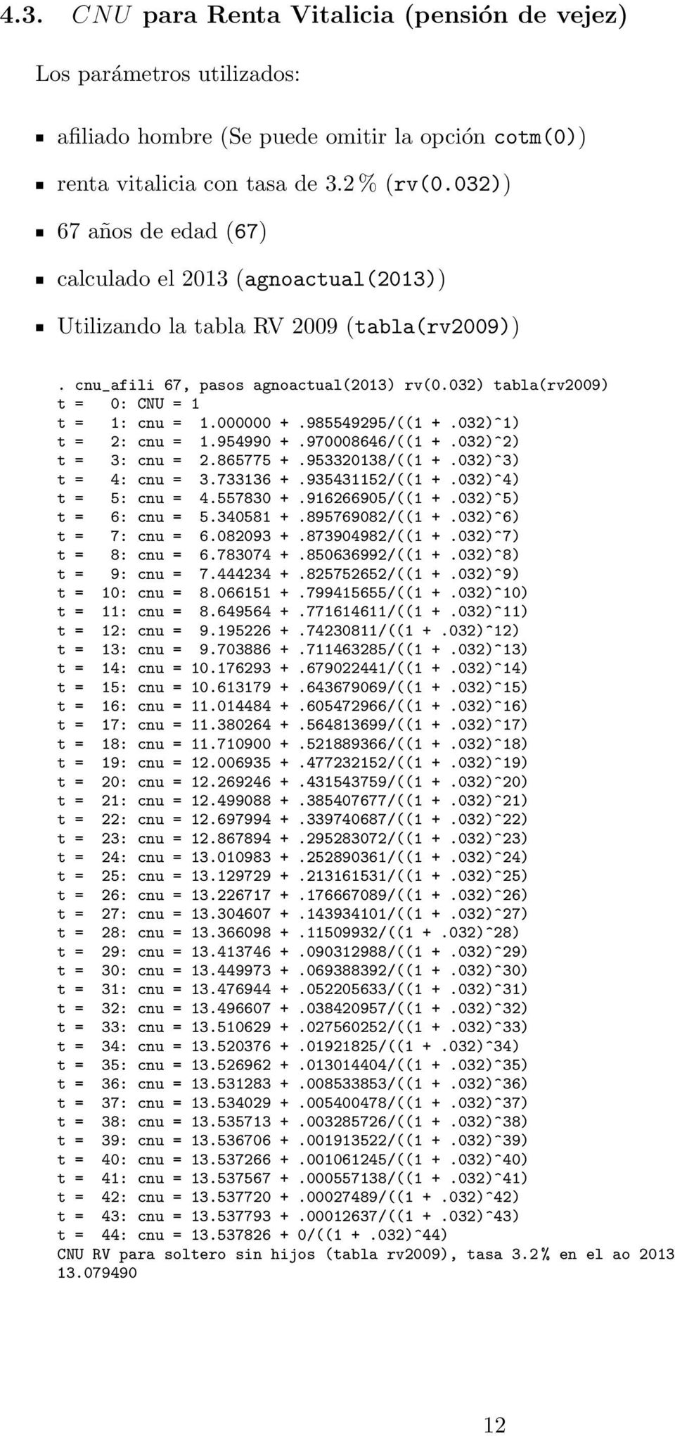 000000 +.985549295/((1 +.032)^1) t = 2: cnu = 1.954990 +.970008646/((1 +.032)^2) t = 3: cnu = 2.865775 +.953320138/((1 +.032)^3) t = 4: cnu = 3.733136 +.935431152/((1 +.032)^4) t = 5: cnu = 4.