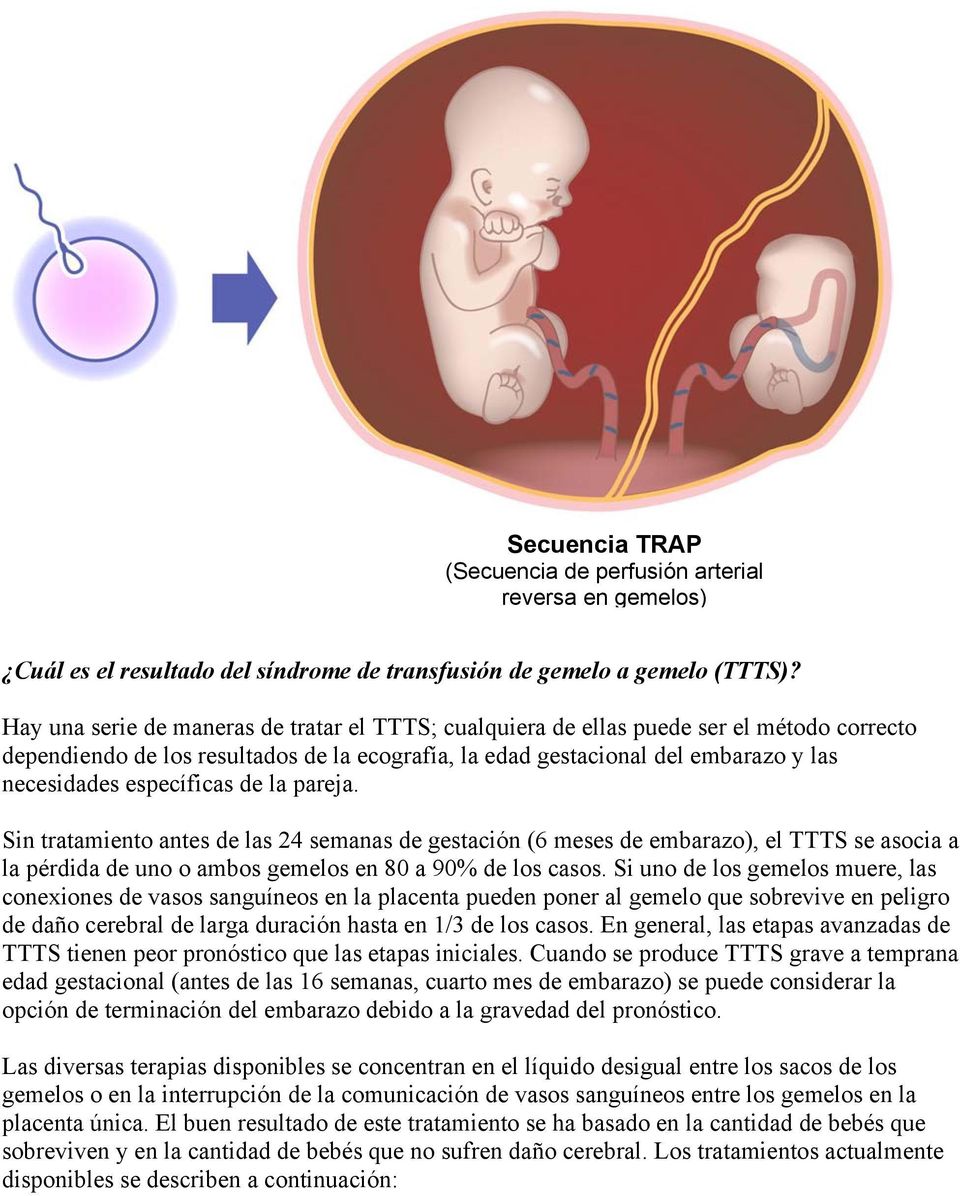 específicas de la pareja. Sin tratamiento antes de las 24 semanas de gestación (6 meses de embarazo), el TTTS se asocia a la pérdida de uno o ambos gemelos en 80 a 90% de los casos.
