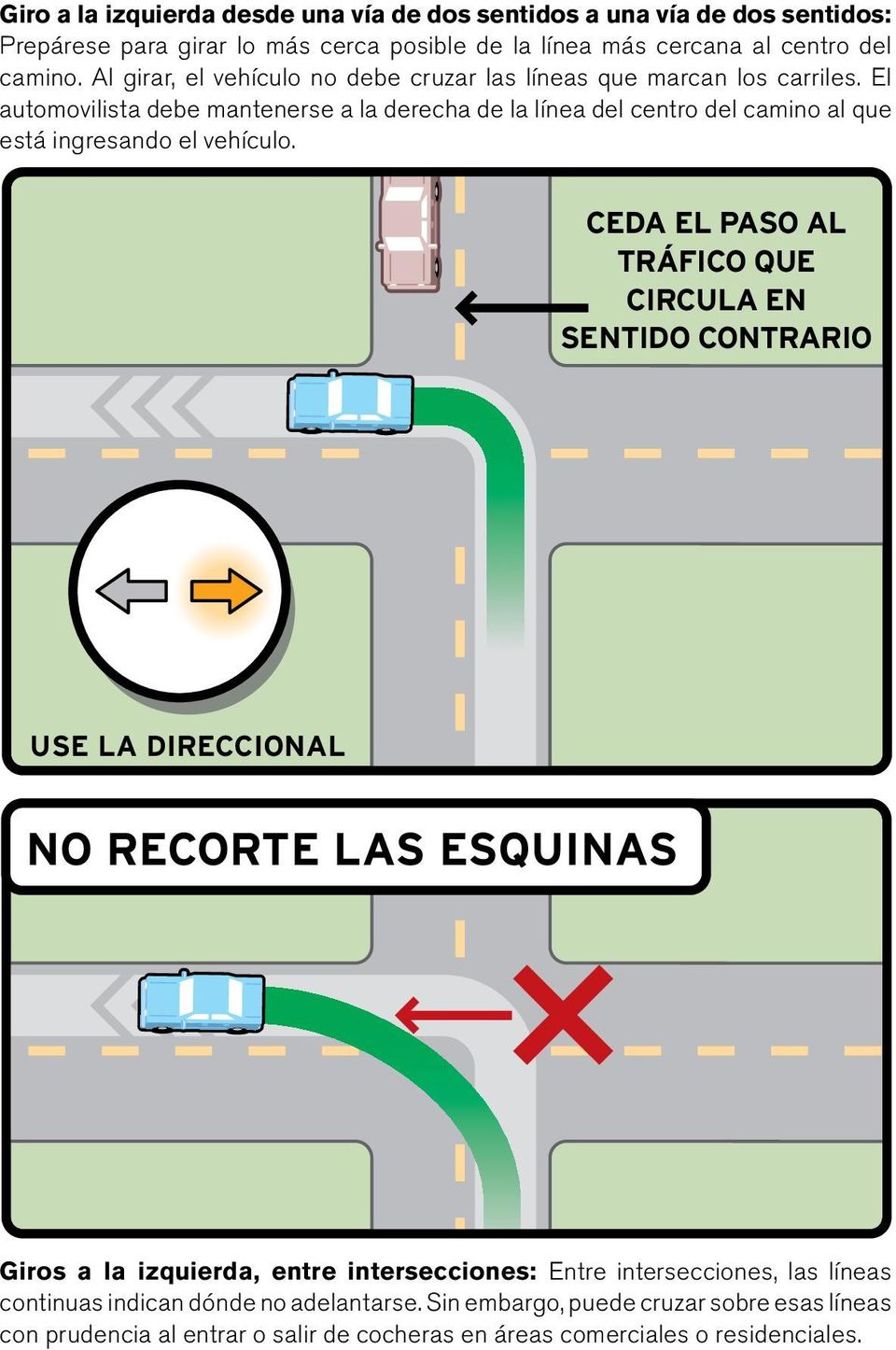 El automovilista debe mantenerse a la derecha de la línea del centro del camino al que está ingresando el vehículo.