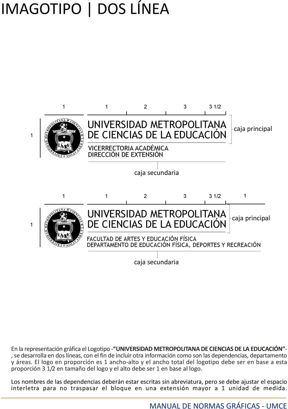 Logotipo UNIVERSIDAD METROPOLITANA DE CIENCIAS DE LA EDUCACIÓN, se desarrolla en dos líneas, con el fin de incluir otra información como son las dependencias, departamento y áreas.