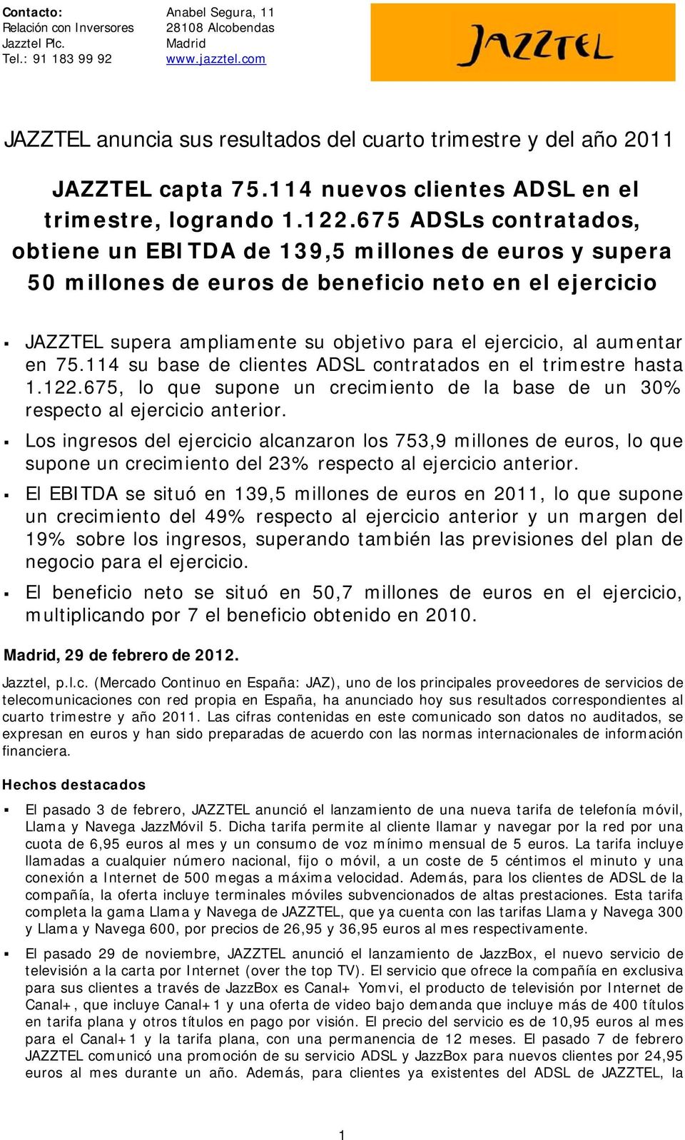 675 ADSLs contratados, obtiene un EBITDA de 139,5 millones de euros y supera 50 millones de euros de beneficio neto en el ejercicio JAZZTEL supera ampliamente su objetivo para el ejercicio, al