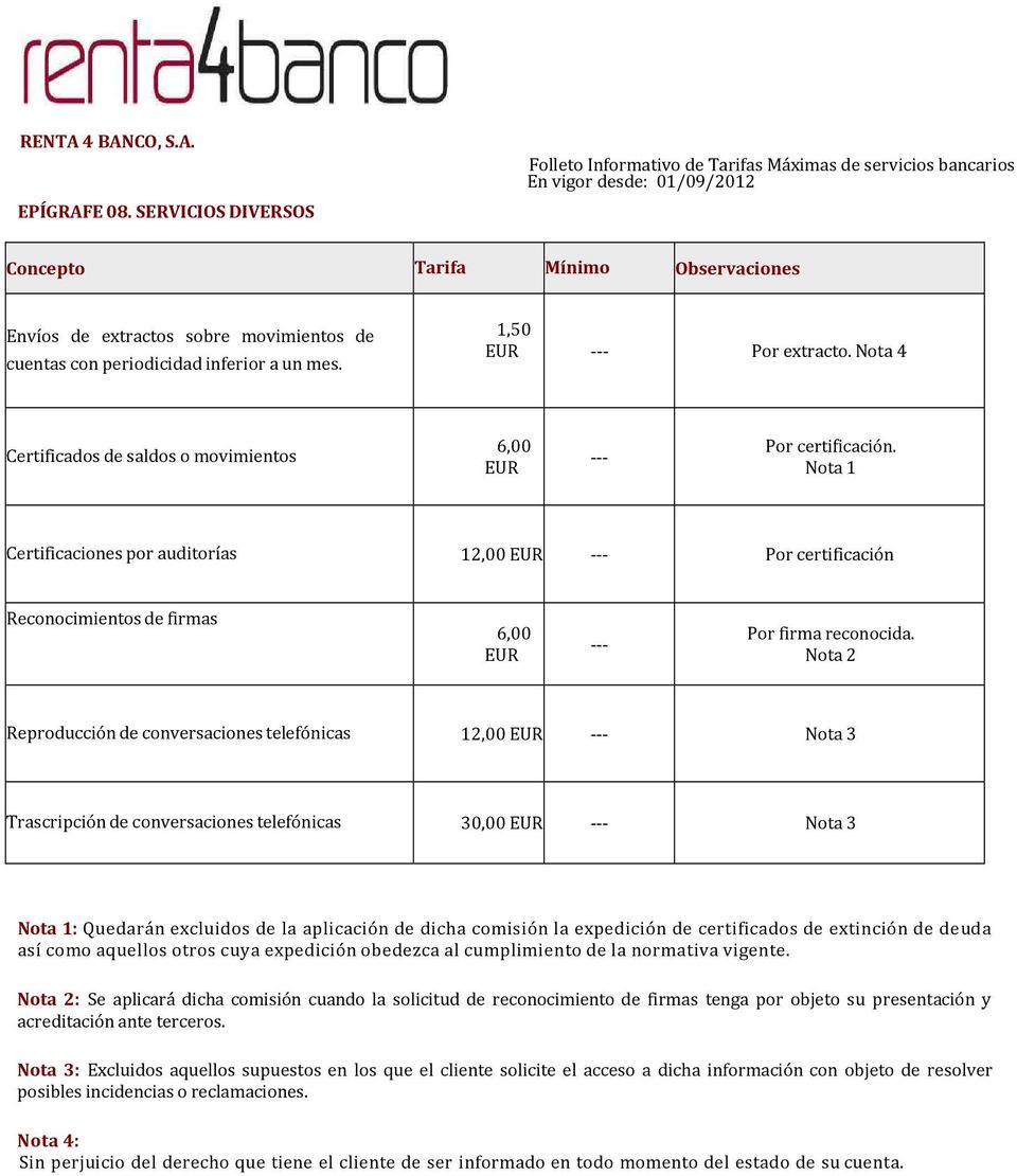 Nota 1 Certificaciones por auditorías 12,00 EUR --- Por certificación Reconocimientos de firmas 6,00 EUR --- Por firma reconocida.