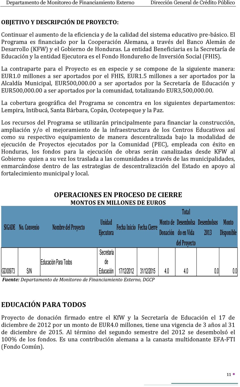 La entidad Beneficiaria es la Secretaría de Educación y la entidad Ejecutora es el Fondo Hondureño de Inversión Social (FHIS).