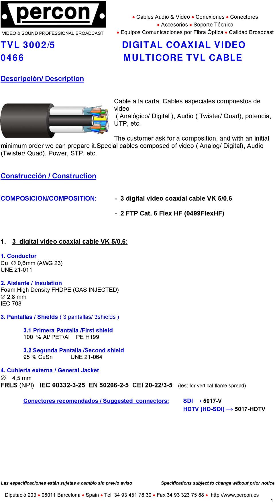 Construcción / Construction COMPOSICION/COMPOSITION: - 3 digital video coaxial cable VK 5/.6-2 FTP Cat. 6 Flex HF (499FlexHF) 1. 3 digital video coaxial cable VK 5/.6: 1.