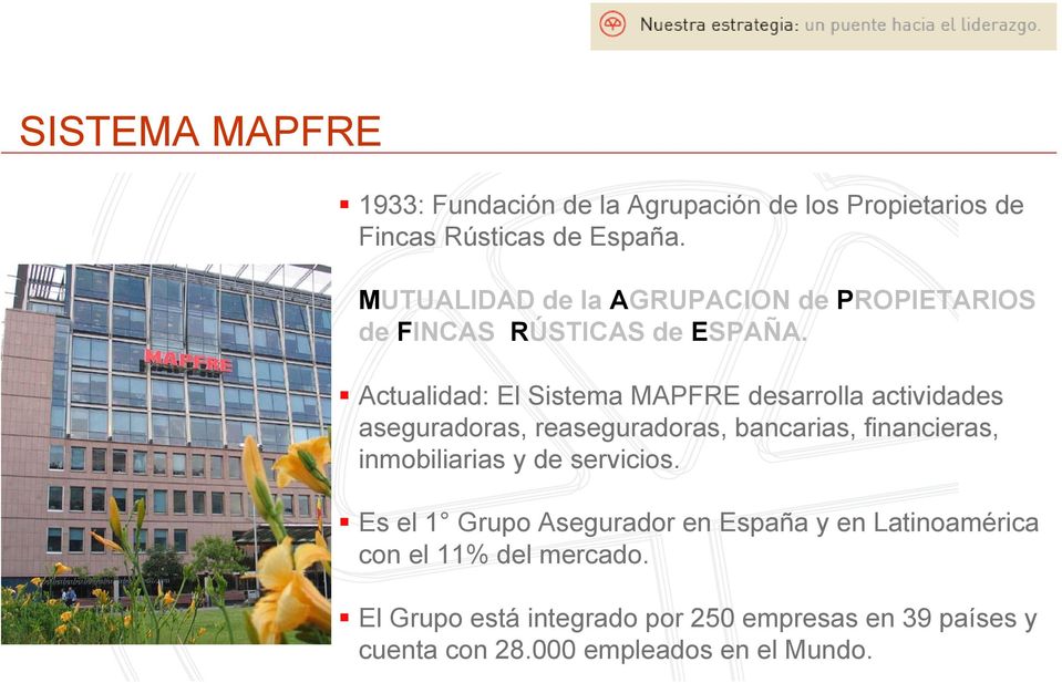 Actualidad: El Sistema MAPFRE desarrolla actividades aseguradoras, reaseguradoras, bancarias, financieras, inmobiliarias