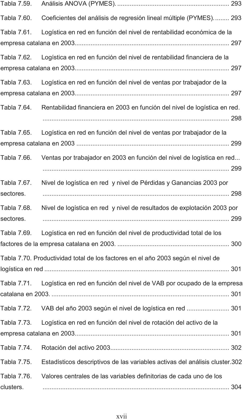 Logística en red en función del nivel de rentabilidad financiera de la empresa catalana en 2003... 297 Tabla 7.63.