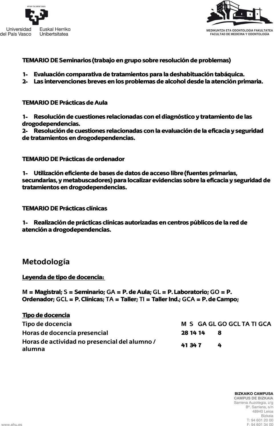 TEMARIO DE Prácticas de Aula 1- Resolución de cuestiones relacionadas con el diagnóstico y tratamiento de las drogodependencias.
