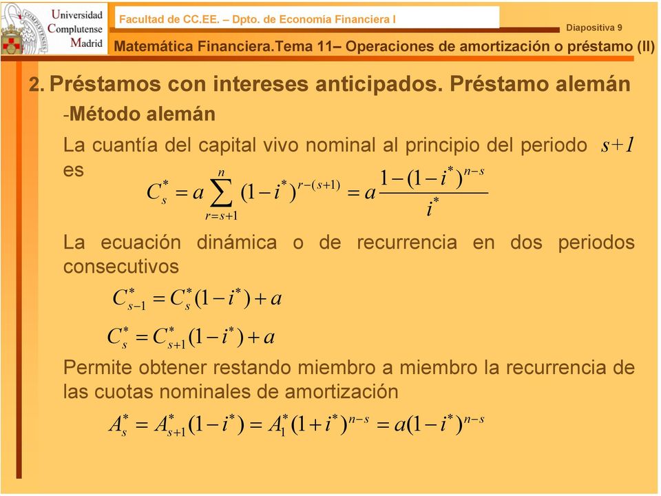 ( ) = a r= + La ecuacó dámca o de recurreca e do perodo coecutvo C = C ( ) + a C = C+ ( ) + a Permte