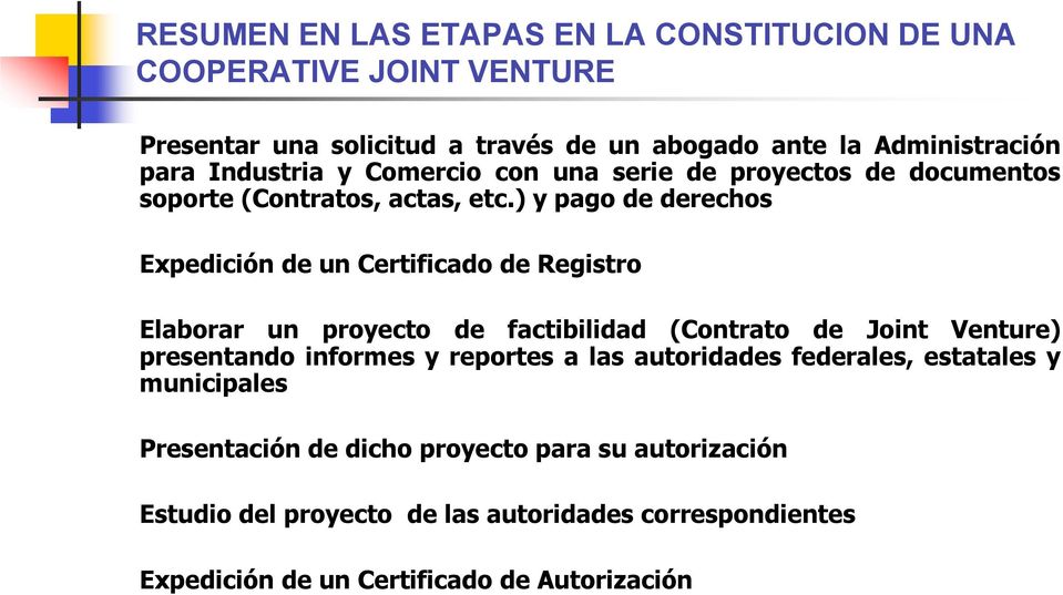 ) y pago de derechos Expedición de un Certificado de Registro Elaborar un proyecto de factibilidad (Contrato de Joint Venture) presentando informes y