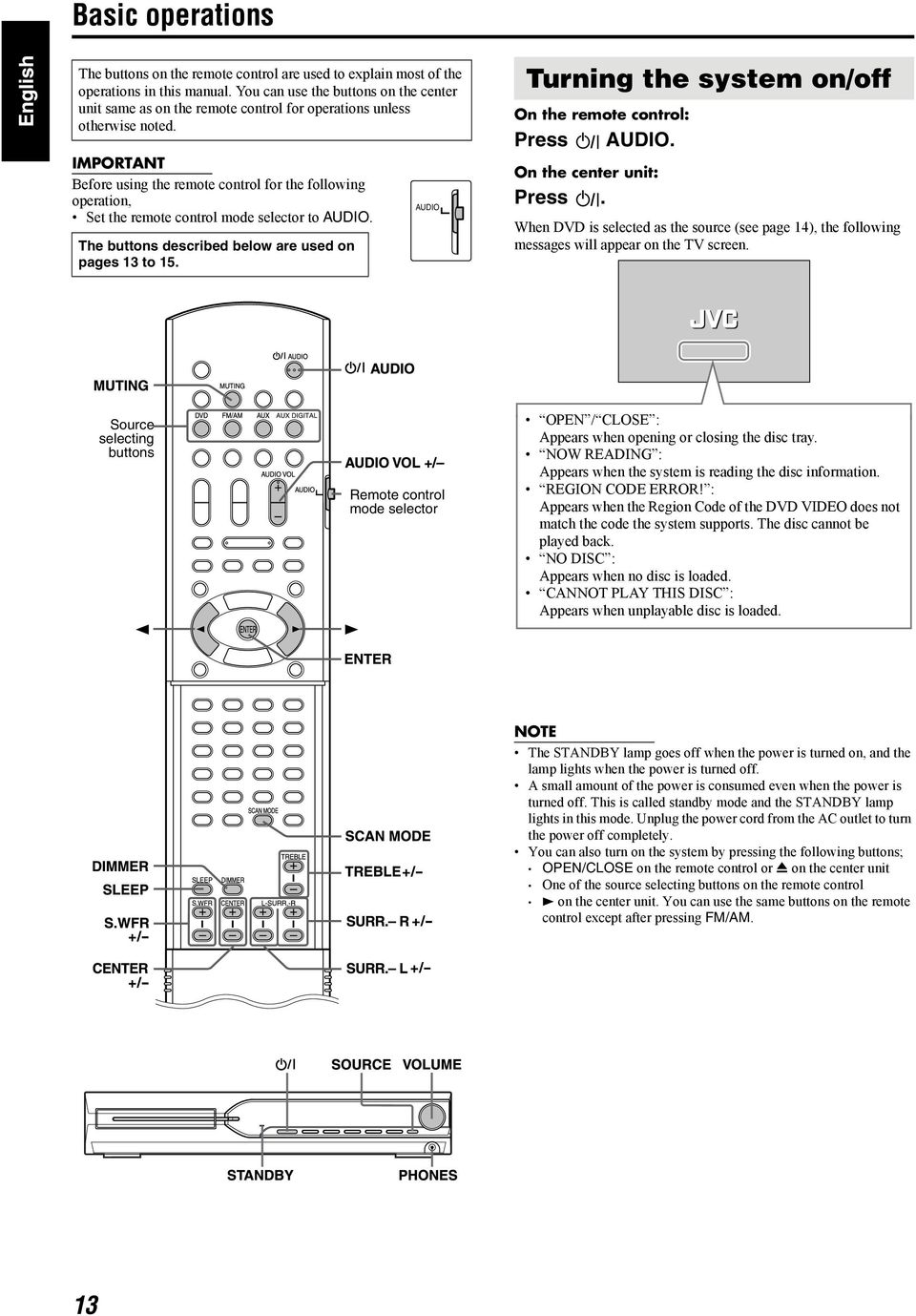 IMPORTANT Before using the remote control for the following operation, Set the remote control mode selector to AUDIO. The buttons described below are used on pages 13 to 15.