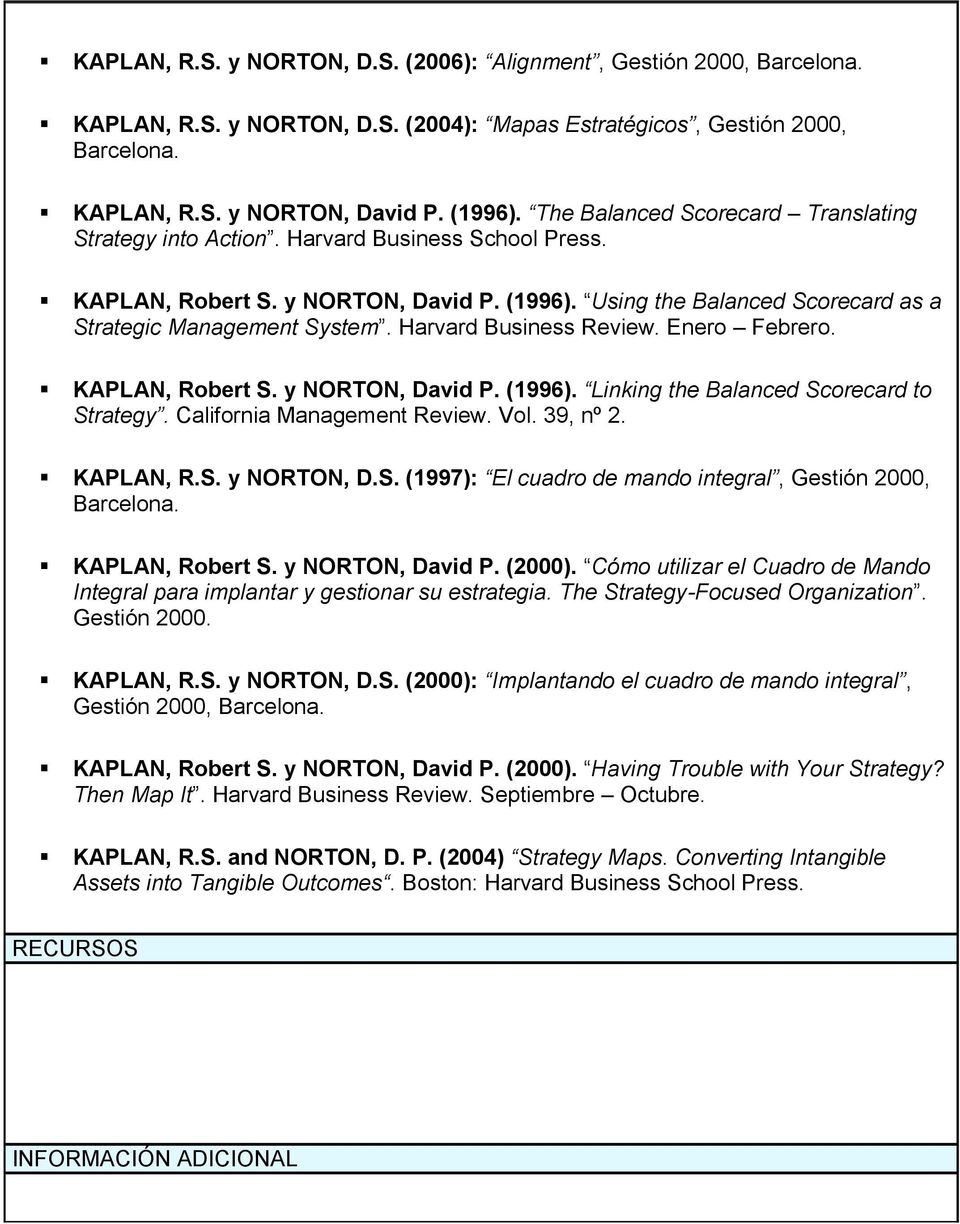 Harvard Business Review. Enero Febrero. KAPLAN, Robert S. y NORTON, David P. (1996). Linking the Balanced Scorecard to Strategy. California Management Review. Vol. 39, nº 2. KAPLAN, R.S. y NORTON, D.S. (1997): El cuadro de mando integral, Gestión 2000, Barcelona.