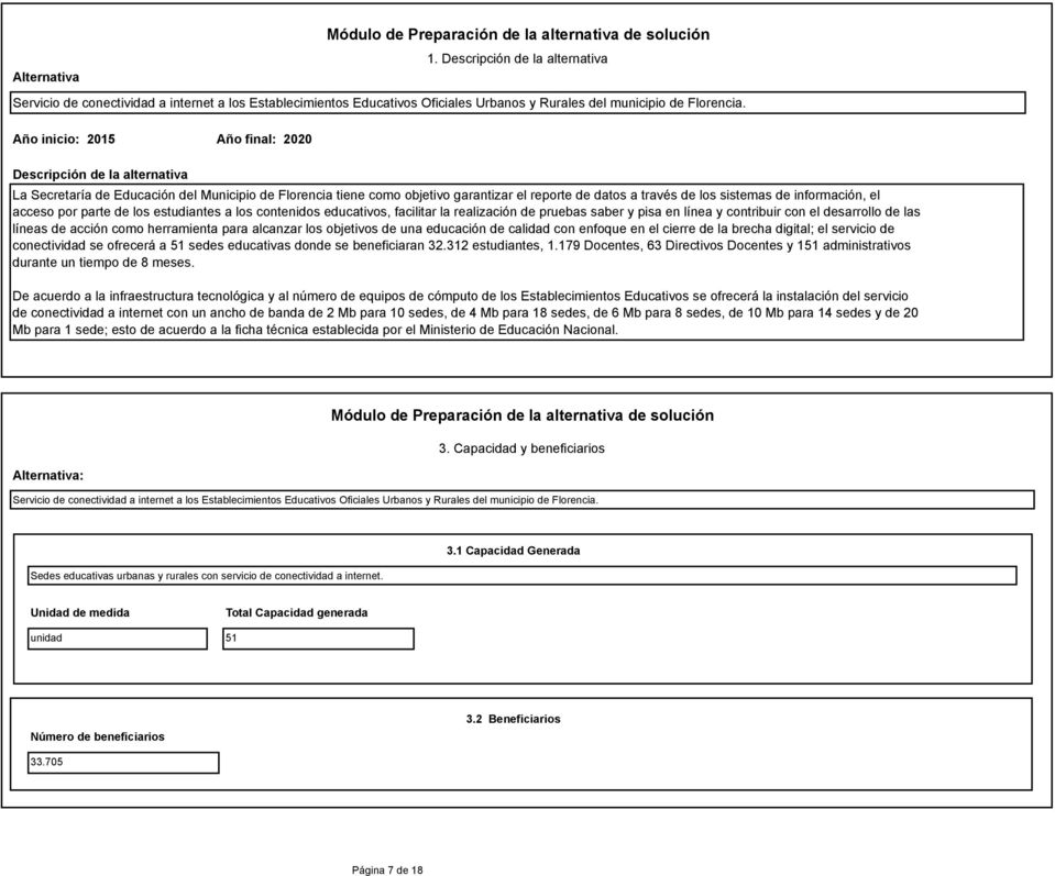 Año inicio: 2015 Año final: 2020 Descripción de la alternativa La Secretaría de Educación del Municipio de Florencia tiene como objetivo garantizar el reporte de datos a través de los sistemas de