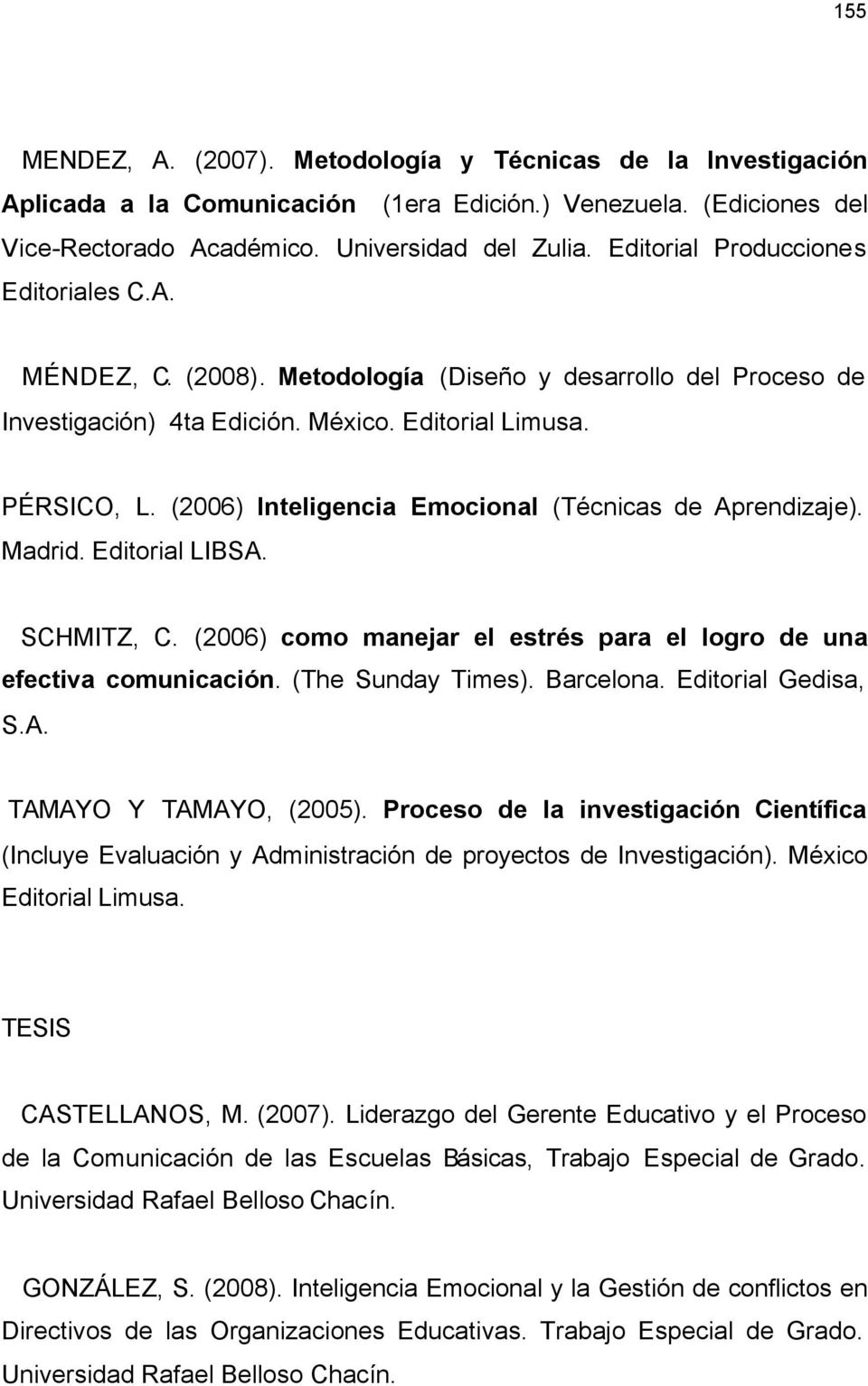 (2006) Inteligencia Emocional (Técnicas de Aprendizaje). Madrid. Editorial LIBSA. SCHMITZ, C. (2006) como manejar el estrés para el logro de una efectiva comunicación. (The Sunday Times). Barcelona.