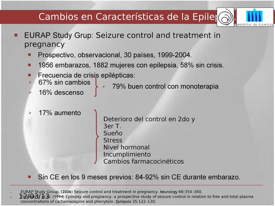 Frecuencia de crisis epilépticas: 67% sin cambios Ø 79% buen control con monoterapia 16% descenso Ø 17% aumento Deterioro del control en 2do y 3er T.