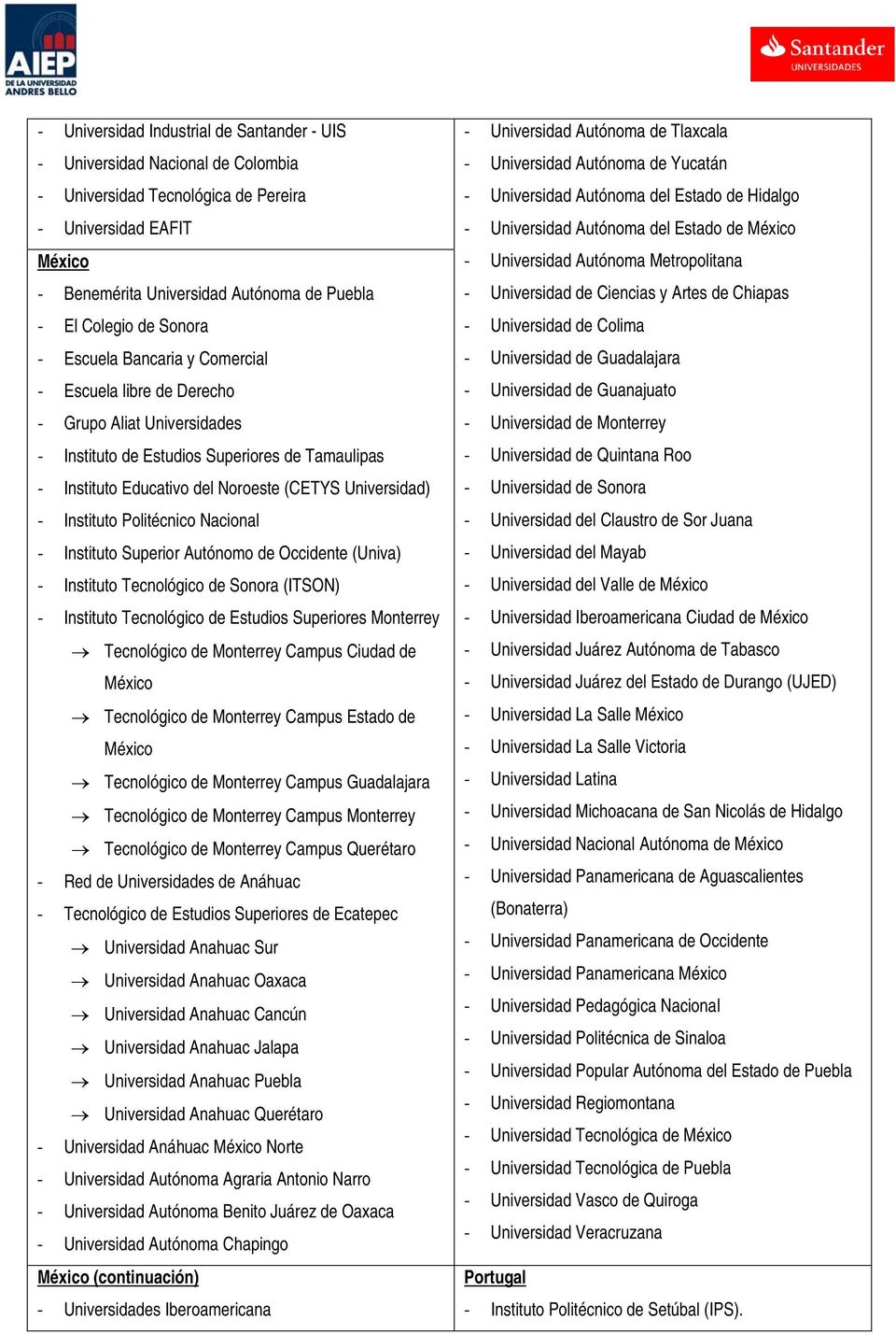 Politécnico Nacional Instituto Superior Autónomo de Occidente (Univa) Instituto Tecnológico de Sonora (ITSON) Instituto Tecnológico de Estudios Superiores Monterrey Tecnológico de Monterrey Campus