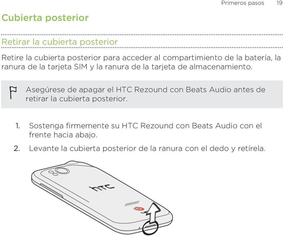 Asegúrese de apagar el HTC Rezound con Beats Audio antes de retirar la cubierta posterior. 1.