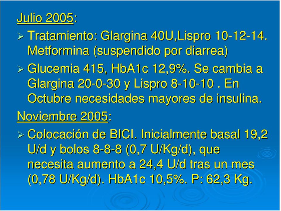 Se cambia a Glargina 20-0-30 y Lispro 8-10-10. En Octubre necesidades mayores de insulina.