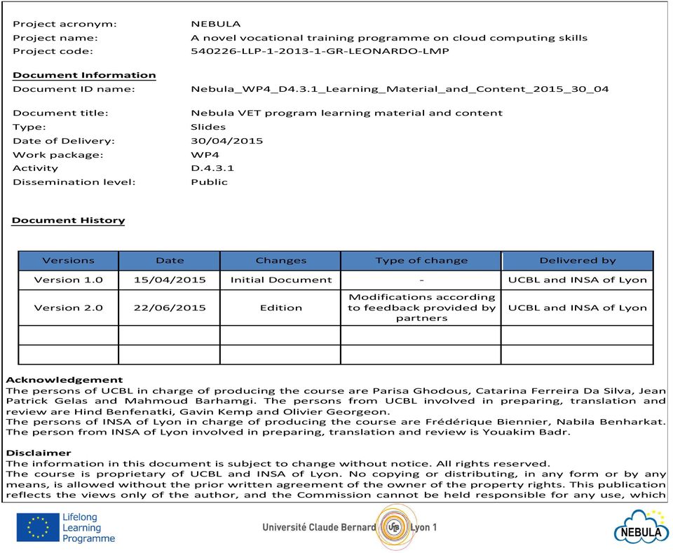 0 15/04/2015 Initial Document - UCBL and INSA of Lyon Version 2.