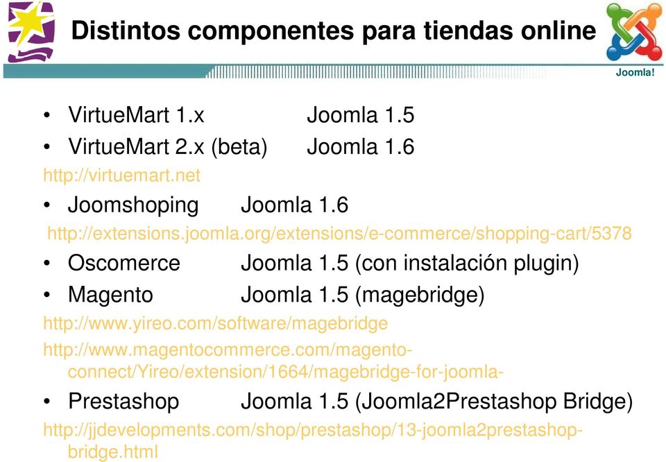 5 (con instalación plugin) Magento Joomla 1.5 (magebridge) http://www.yireo.com/software/magebridge Prestashop Joomla 1.