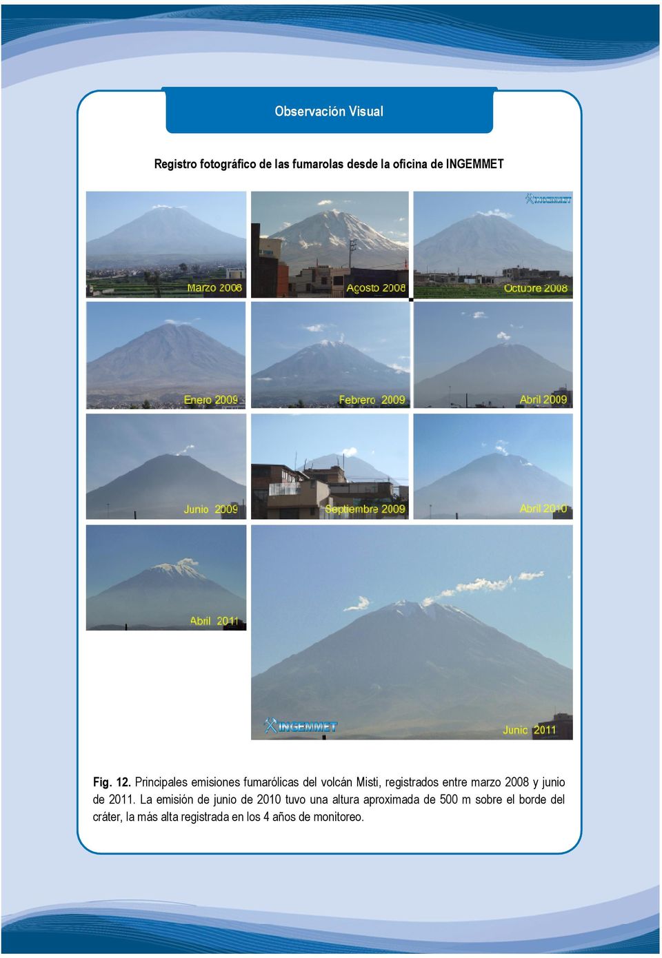 Principales emisiones fumarólicas del volcán Misti, registrados entre marzo 2008 y