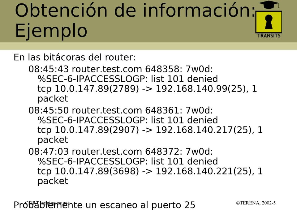 99(25), 1 packet 08:45:50 router.test.com 648361: 7w0d: %SEC-6-IPACCESSLOGP: list 101 denied tcp 10.0.147.89(2907) -> 192.