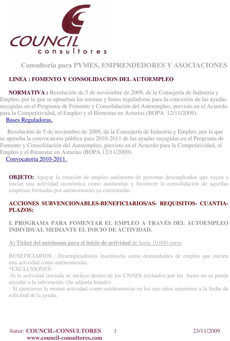 Empleo y el Bienestar en Asturias (BOPA 12/11/2009). Bases Reguladoras.