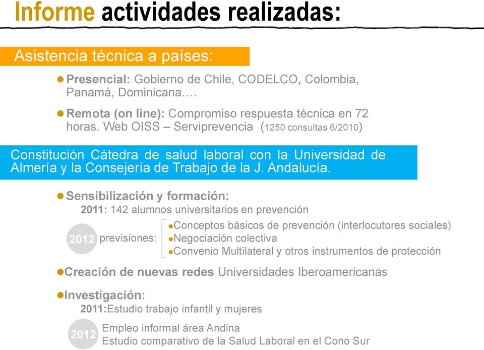 Sensibilización y formación: 2011: 142 alumnos universitarios en prevención 2012 previsiones: Creación de nuevas redes Universidades Iberoamericanas Investigación: 2011:Estudio trabajo infantil y