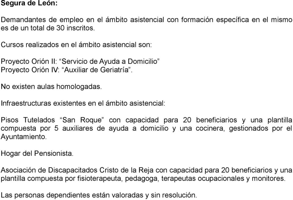 Infraestructuras existentes en el ámbito asistencial: Pisos Tutelados San Roque con capacidad para 20 beneficiarios y una plantilla compuesta por 5 auxiliares de ayuda a