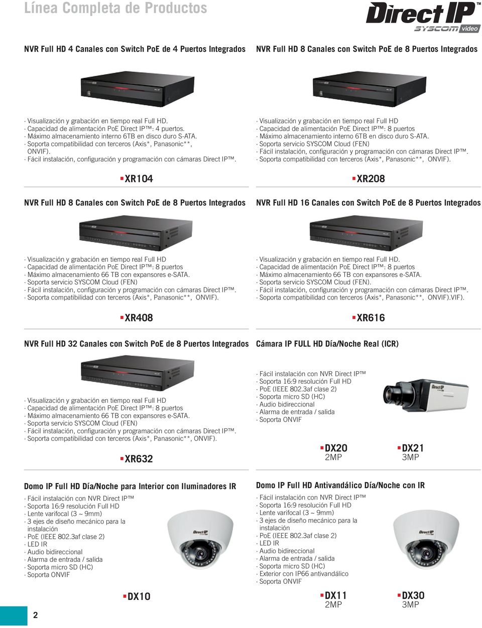 XR104 NVR Full HD 8 Canales con Switch PoE de 8 Puertos Integrados Visualización y grabación en tiempo real Full HD Capacidad de alimentación PoE Direct IP : 8 puertos Máximo almacenamiento interno