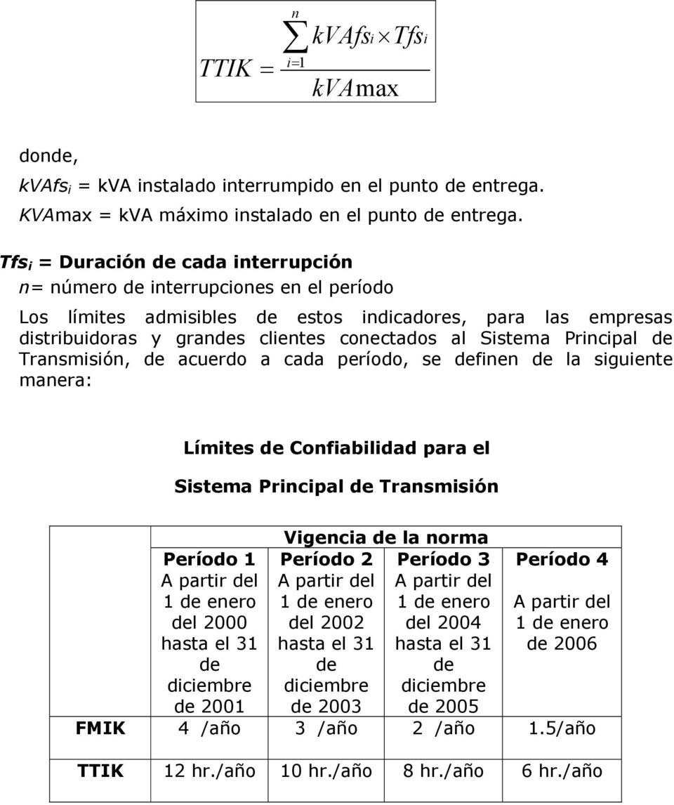 Principal de Transmisión, de acuerdo a cada período, se definen de la siguiente manera: Límites de Confiabilidad para el Sistema Principal de Transmisión Período 1 A partir del 1 de enero del 2000