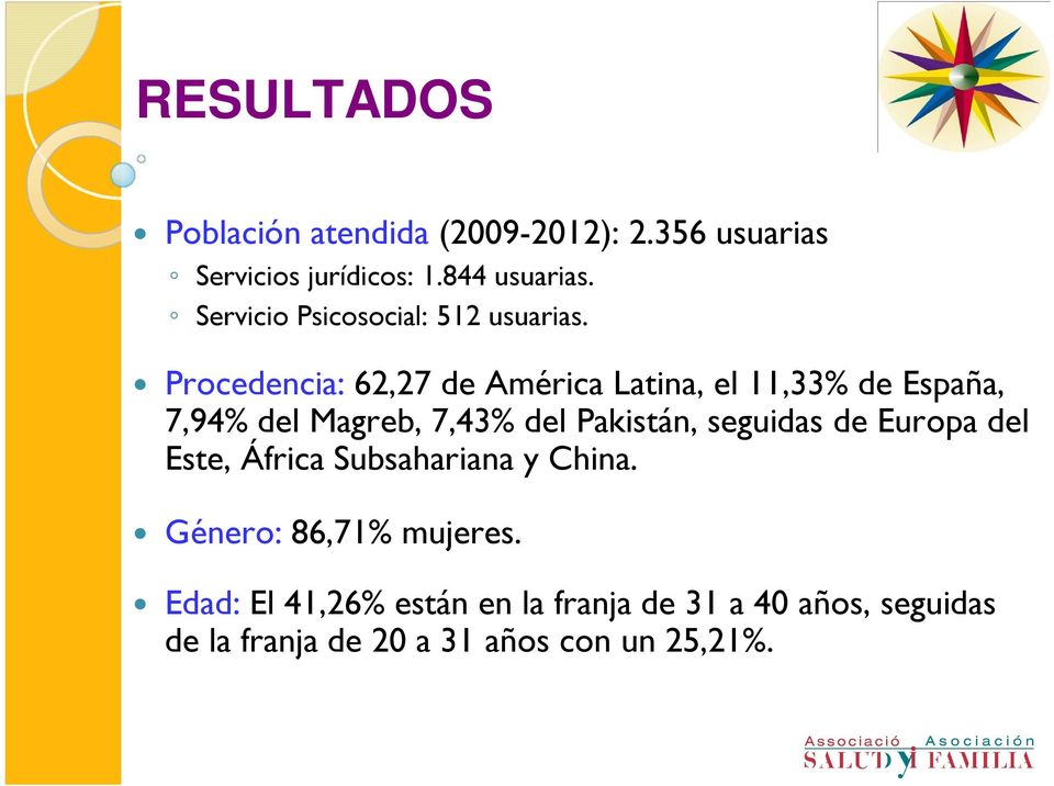 Procedencia: 62,27 de América Latina, el 11,33% de España, 7,94% del Magreb, 7,43% del Pakistán,