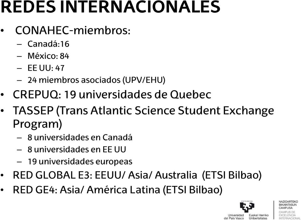 Student Exchange Program) 8 universidades en Canadá 8 universidades en EE UU 19