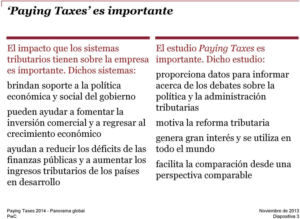 reducir los déficits de las finanzas públicas y a aumentar los ingresos tributarios de los países en desarrollo El estudio Paying Taxes es importante.