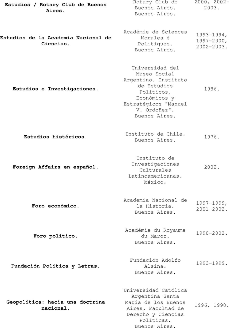 1976. Foreign Affairs en español. Instituto de Investigaciones Culturales Latinoamericanas. México. 2002. Foro económico. la Historia. 1997-1999, 2001-2002. Foro político.