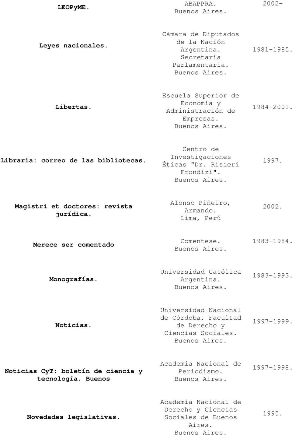 Magistri et doctores: revista jurídica. Alonso Piñeiro, Armando. Lima, Perú 2002. Merece ser comentado Comentese. 1983-1984. Monografías. Universidad Católica Argentina.