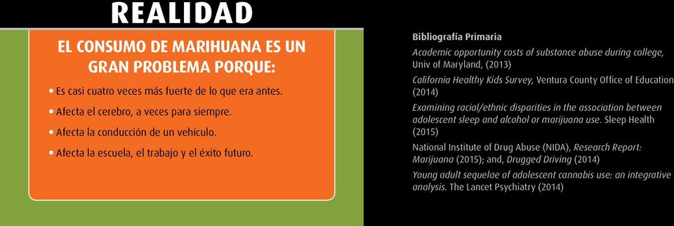 Bibliografía Primaria Academic opportunity costs of substance abuse during college, Univ of Maryland, (2013) California Healthy Kids Survey, Ventura County Office of Education (2014)