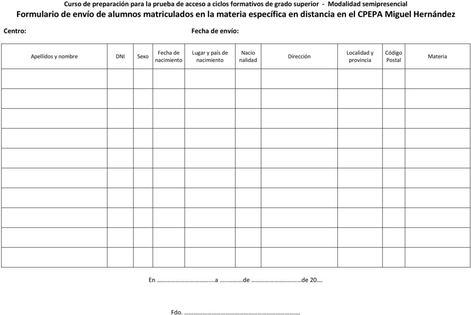 CPEPA Miguel Hernández Centro: Fecha de envío: Apellidos y nombre DNI Sexo Fecha de nacimiento Lugar y