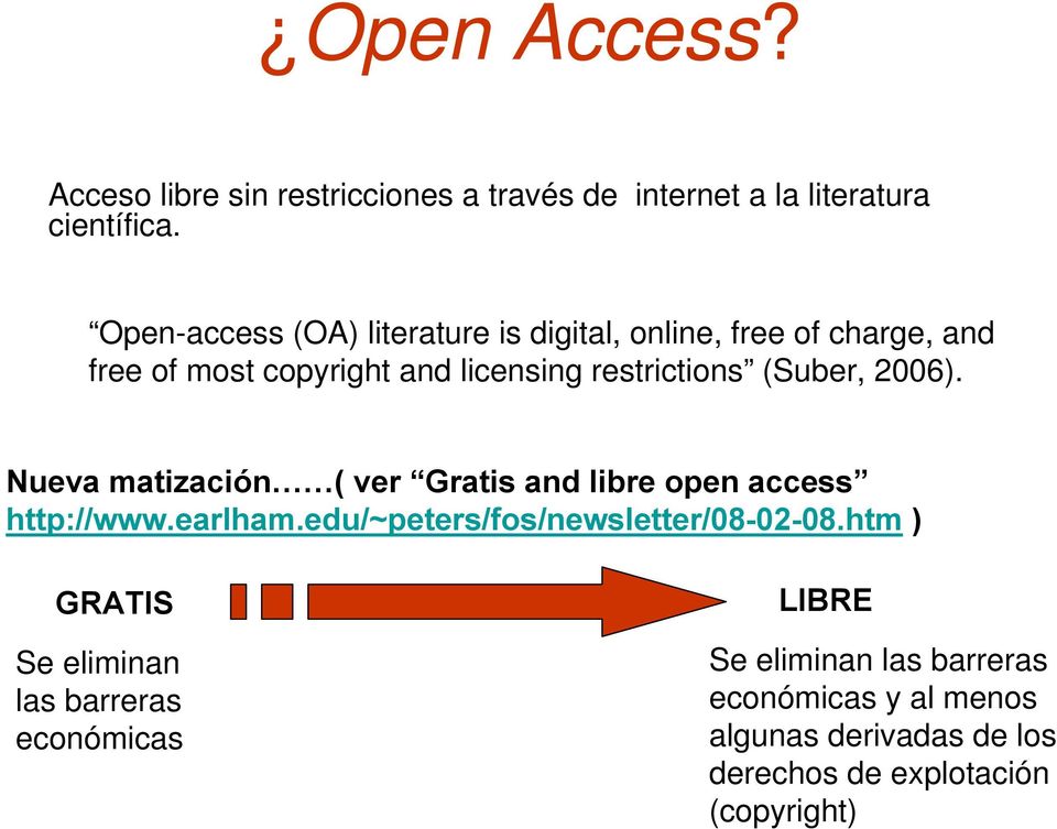 (Suber, 2006). Nueva matización ( ver Gratis and libre open access http://www.earlham.edu/~peters/fos/newsletter/08-02-08.