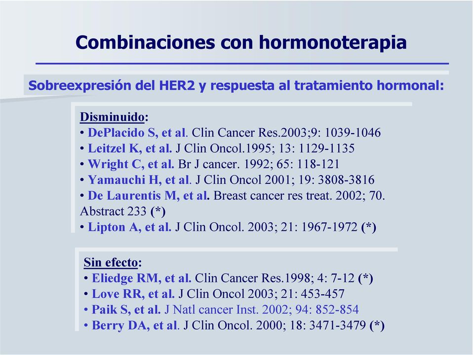 al. Breast cancerres res treat. treat. 2002; 70. 70. Abstract233 (*) (*) LiptonA, A, et et al. al. J J Clin Clin Oncol. 2003; 21: 21: 1967-1972 (*) (*) Sin Sin efecto: EliedgeRM, et et al. al. Clin Clin Cancer Res.