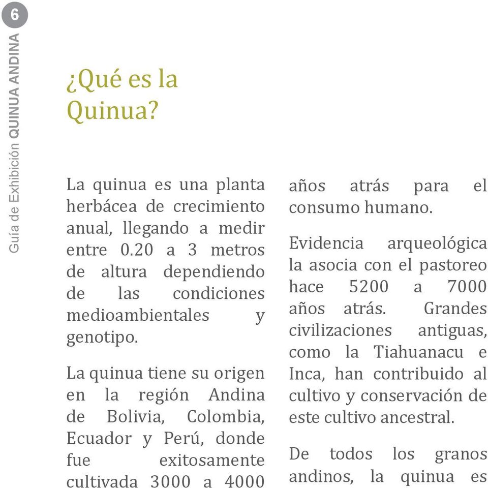 La quinua tiene su origen en la región Andina de Bolivia, Colombia, Ecuador y Perú, donde fue exitosamente cultivada 3000 a 4000 años atrás para el