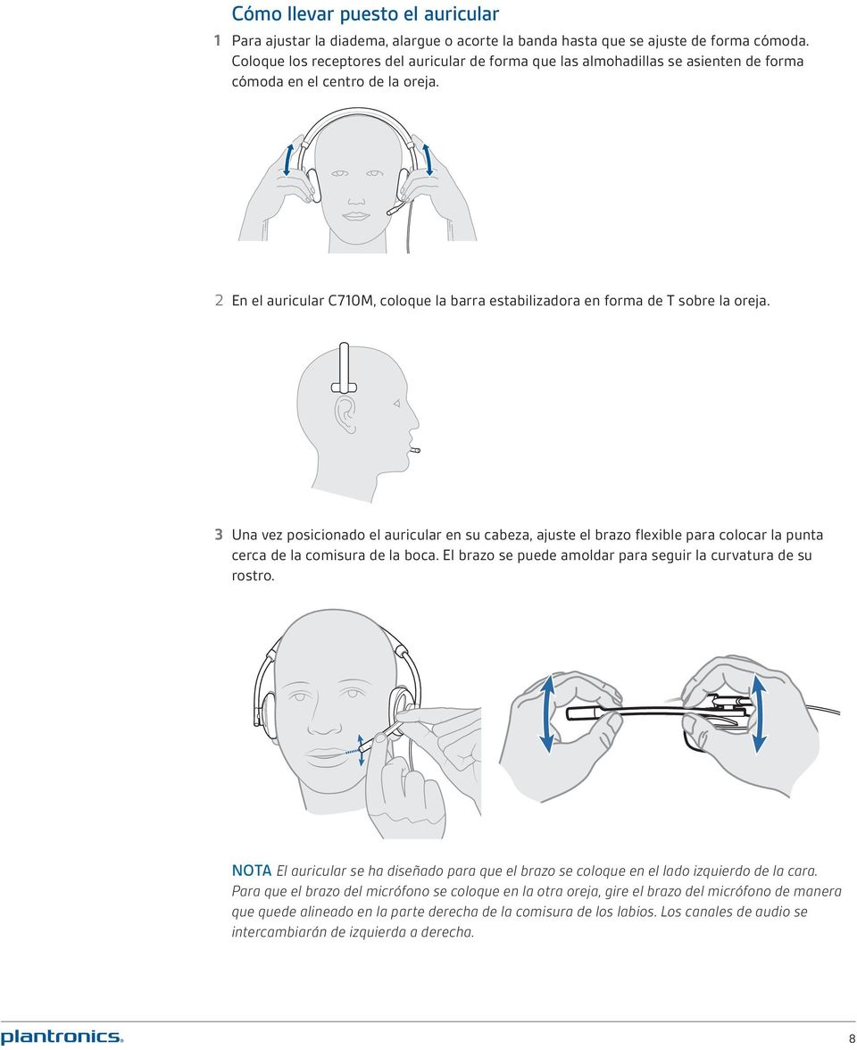 2 En el auricular C710M, coloque la barra estabilizadora en forma de T sobre la oreja.