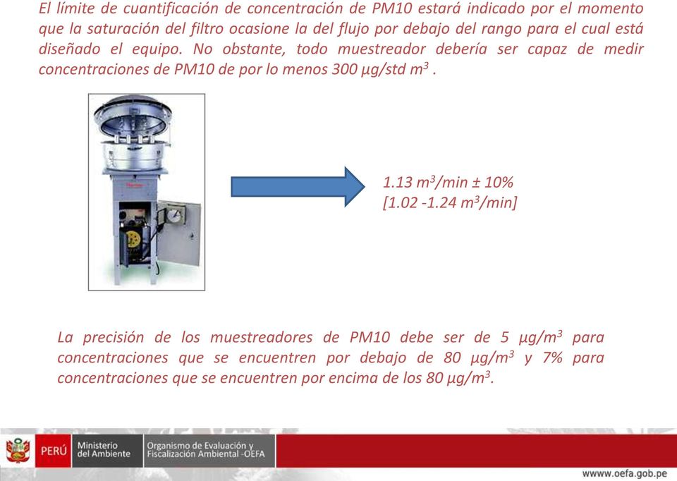 No obstante, todo muestreador debería ser capaz de medir concentraciones de PM10 de por lo menos 300 µg/std m 3. 1.13 m 3 /min ± 10% [1.
