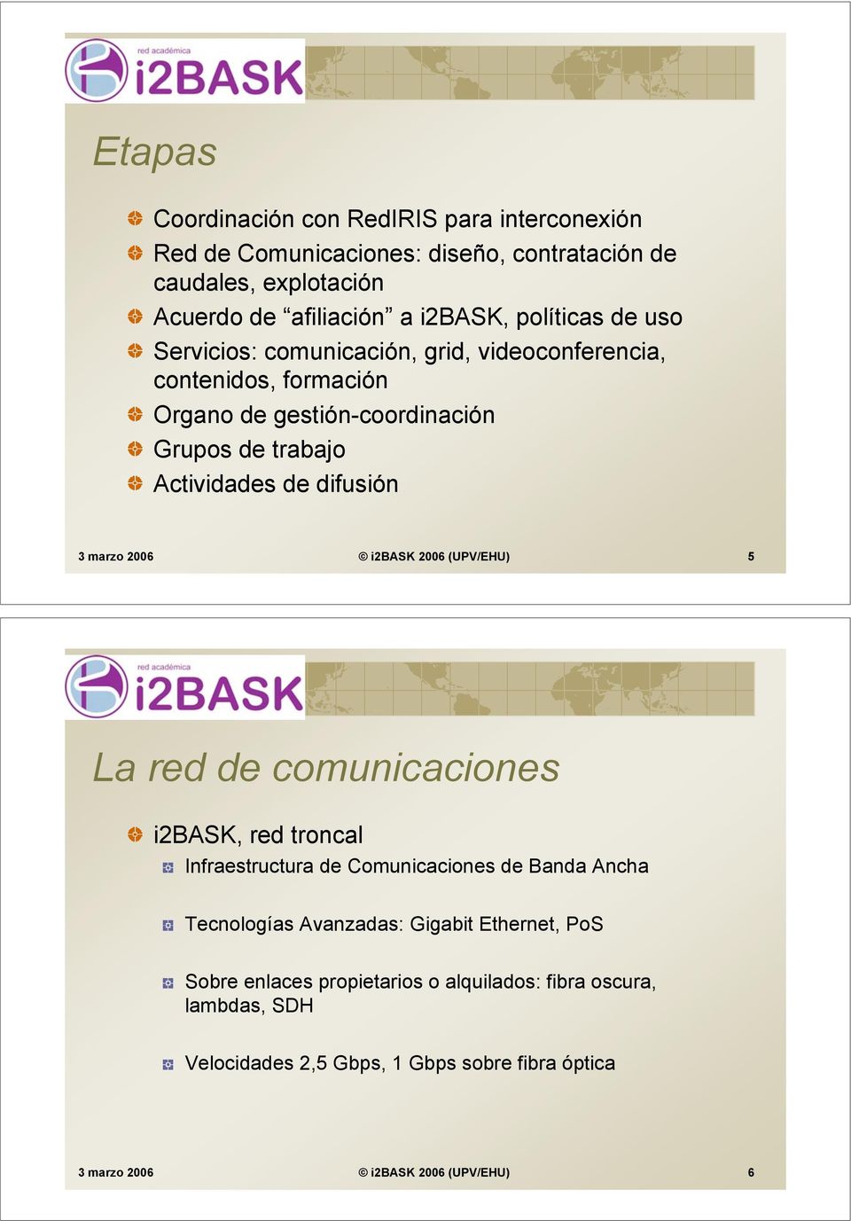 3 marzo 2006 i2bask 2006 (UPV/EHU) 5 La red de comunicaciones i2bask, red troncal Infraestructura de Comunicaciones de Banda Ancha Tecnologías Avanzadas: