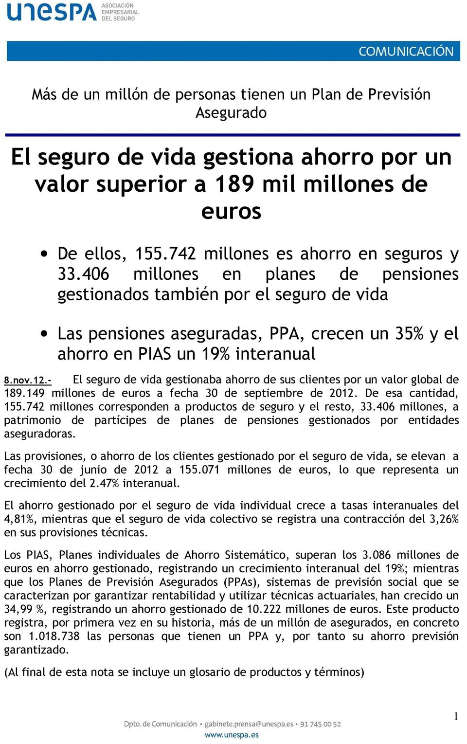 406 millones en planes de pensiones gestionados también por el seguro de vida Las pensiones aseguradas, PPA, crecen un 35% y el ahorro en PIAS un 19% interanual 8.nov.12.